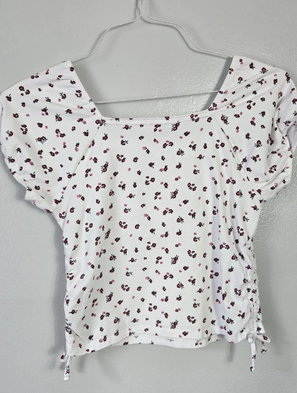 Justice Girls Large 12/14 White Ditsy Floral Square Neck Ruched Side Top Shirt